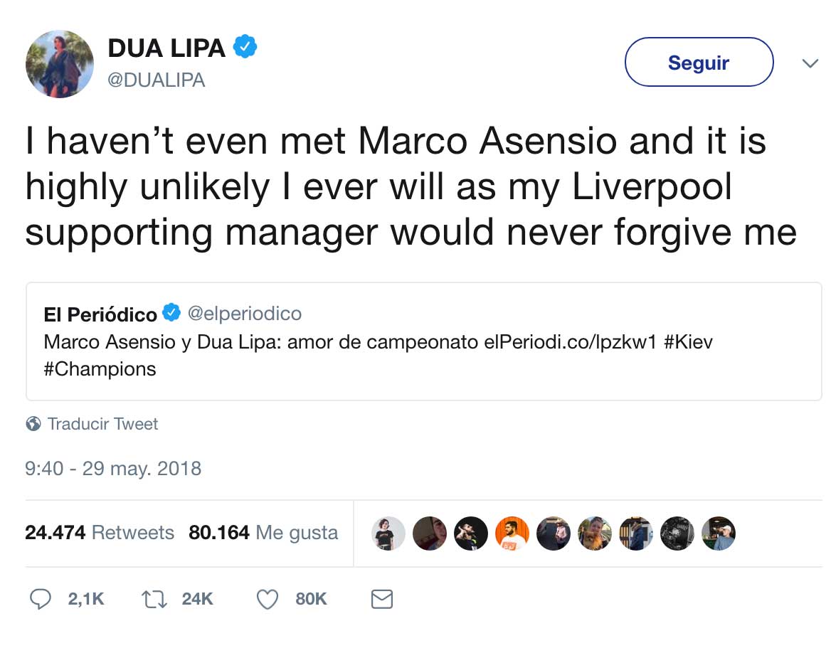 Lipa habla su relación con Marco Asensio -