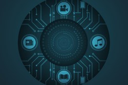 Thunderbolts - Icons representing film, music, books and news connected by AI nodes and lines