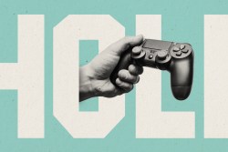 thriller de crimen - A hand holding a video game controller that is moving through the O in Hollywood in big letters.