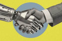 Mickey 17 - Photo illustration of a robot's hand shaking hands with a human hand